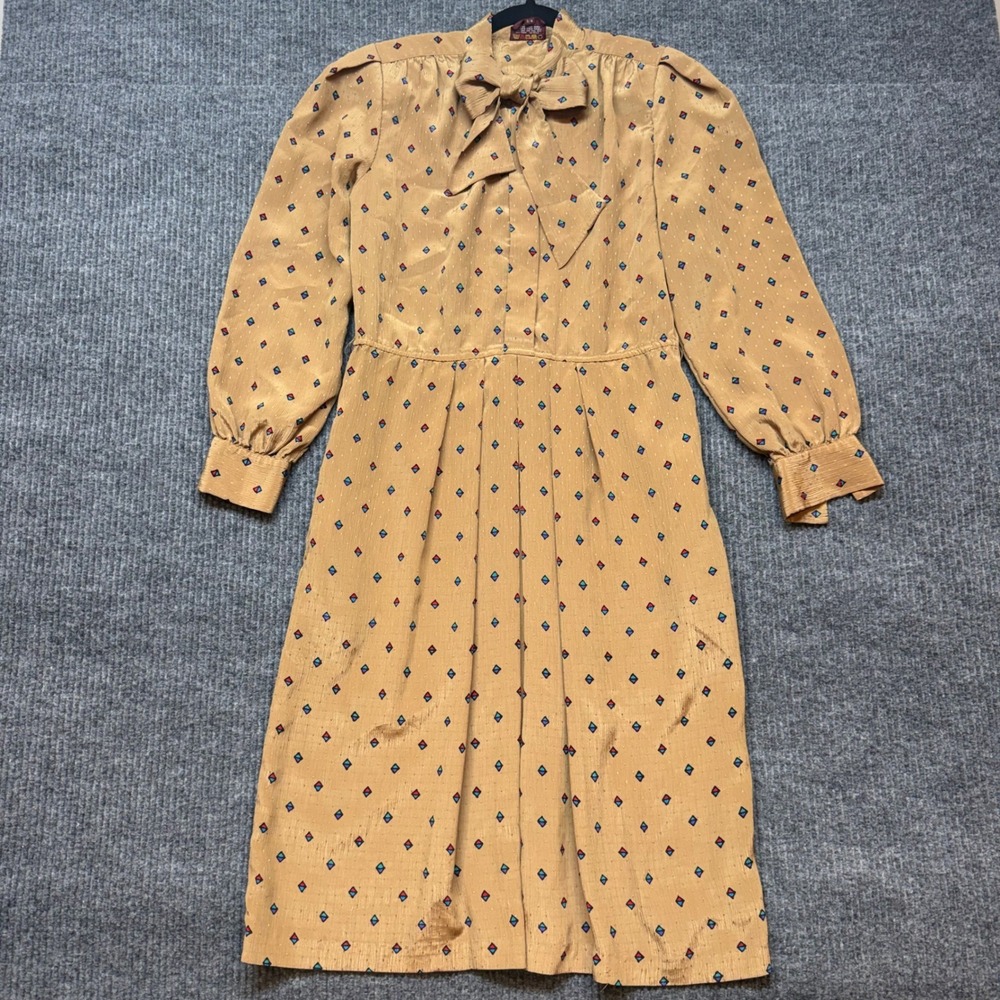 Vintage‎ Jordache Tan Geometric Diamond Print Bow Midi Dress Pockets Sz 3/4
